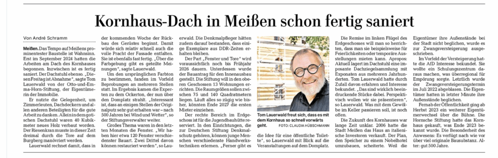 Kornhaus-Dach in Meißen schon fertig saniert
Das Dach und der Dachstuhl des Kornhauses in Meißen sind fertig.
